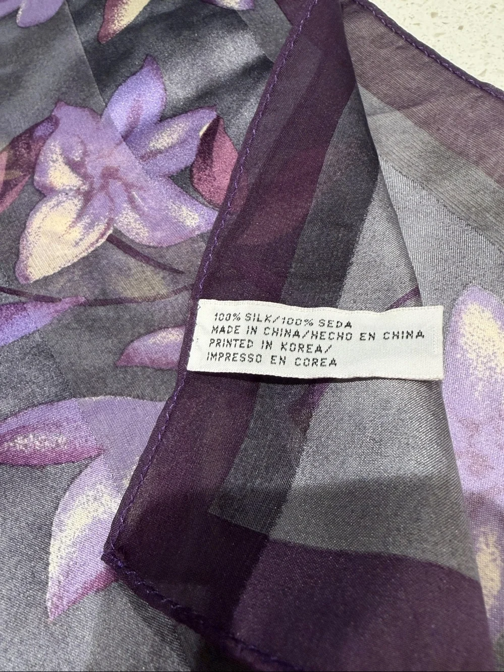 Purple Floral Sheer Silk Scarf